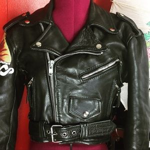 Customized vintage leather motorcycle jacket.